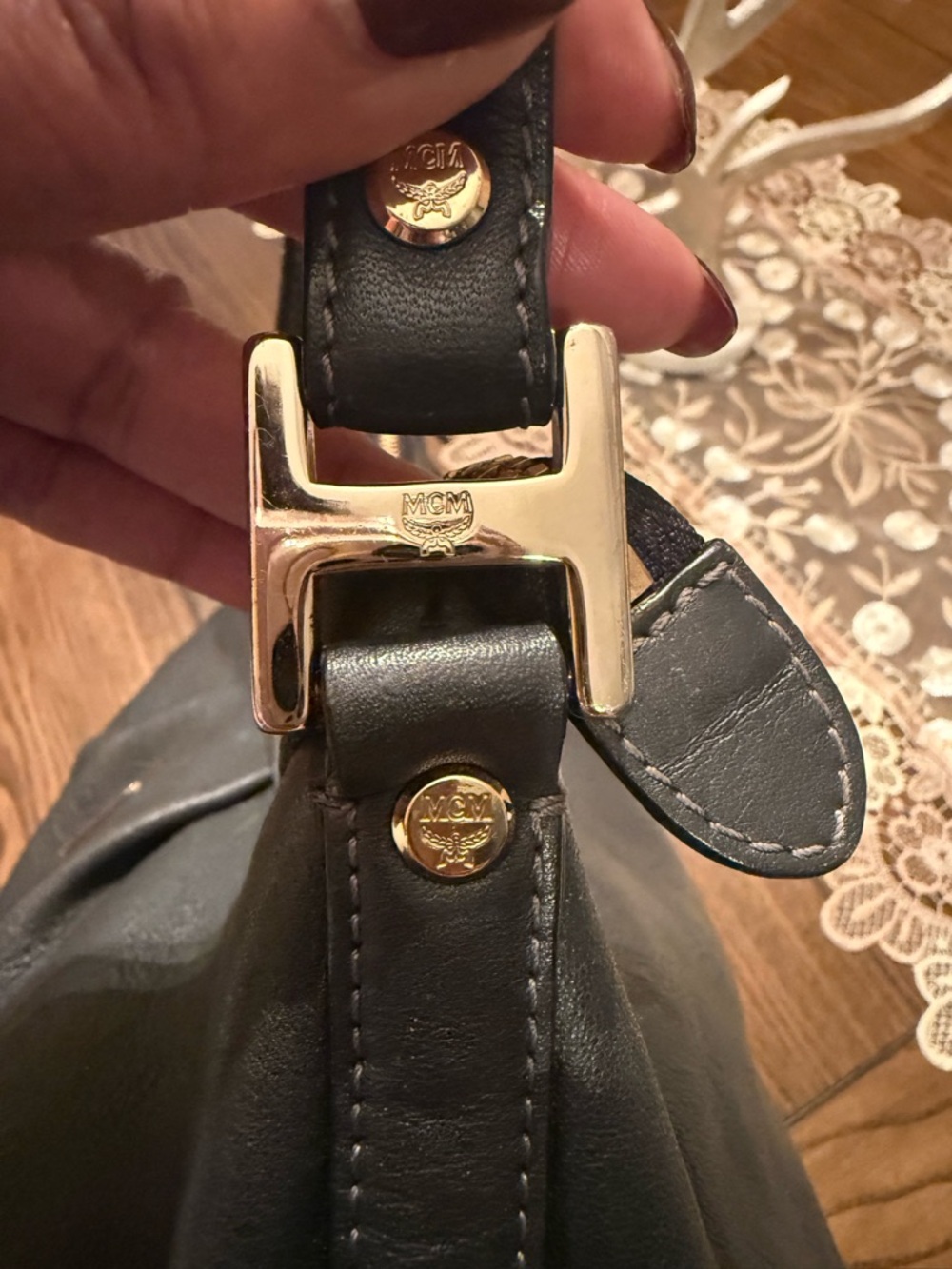 MCM Black Embossed Leather Shoulder Hobo Bag - Picture 6 of 13